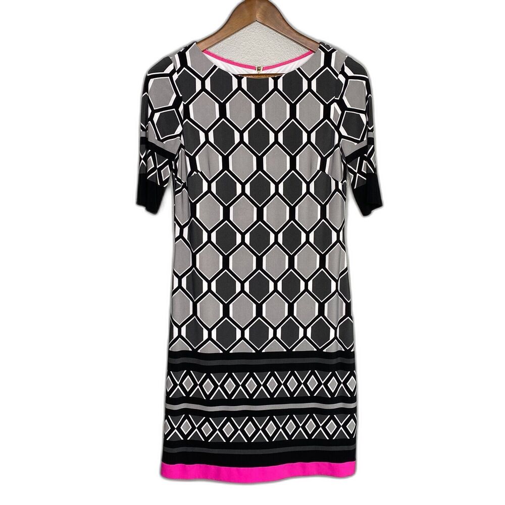 Eliza J Dress Women's 2 Gray Pink Shift Geometric 1/2 Sleeve Art Deco 60's Mod